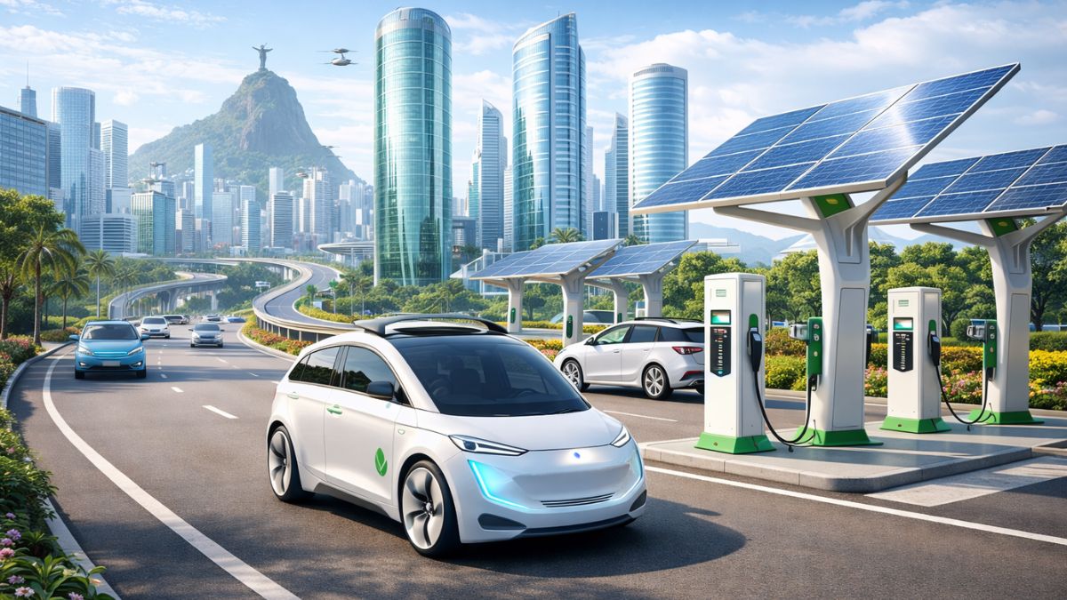 veículos elétricos autônomos e estações de recarga solar.