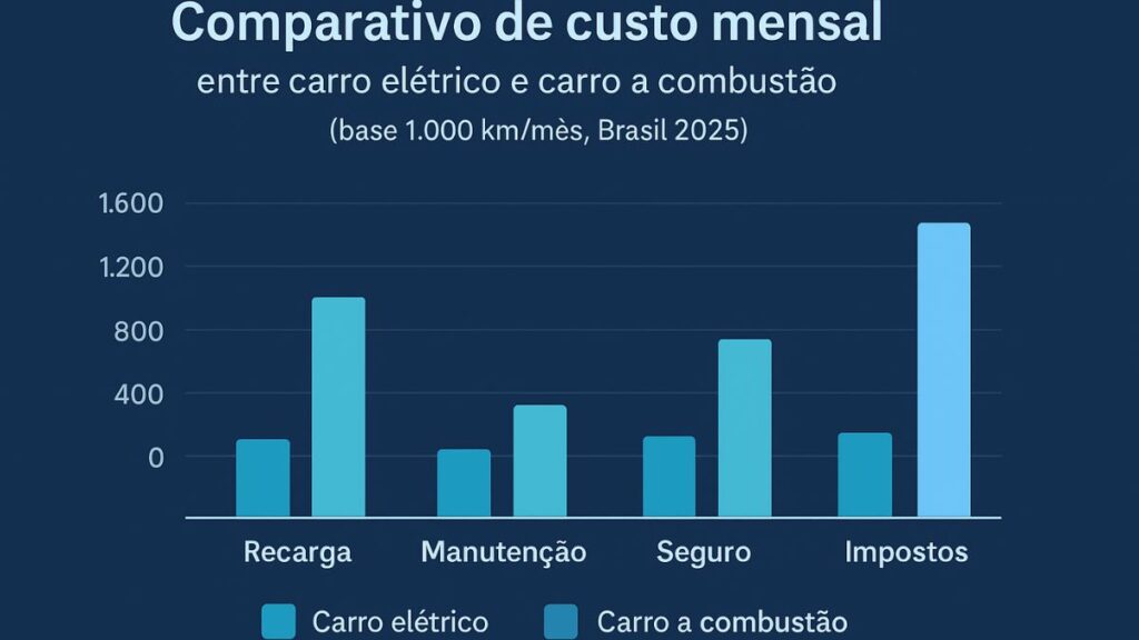 Comparativo de custo mensal entre carro elétrico e carro a combustão (base 1.000 km/mês, Brasil 2025).”