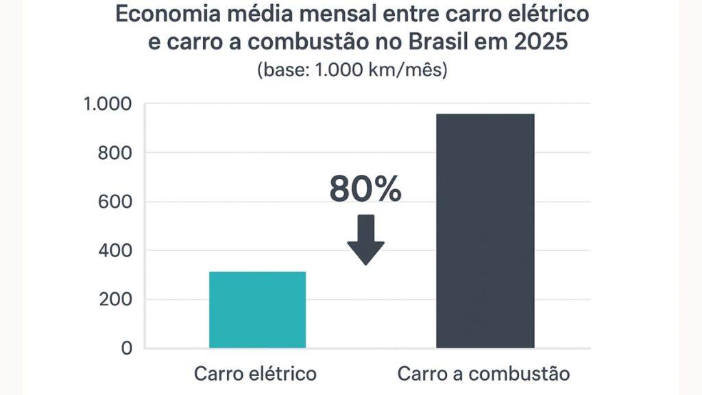 Economia média mensal entre carro elétrico e carro a combustão no Brasil em 2025 (base: 1.000 km/mês)”