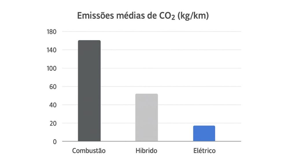 comparando as emissões médias de CO₂ (kg/km) entre carros a combustão, híbridos e elétricos.