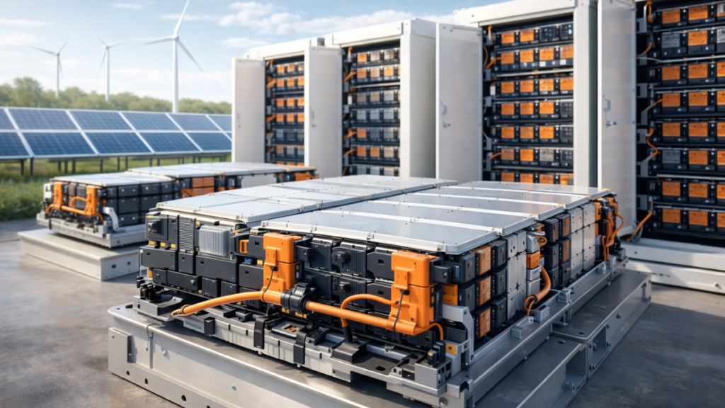 Baterias de carros elétricos sendo reutilizadas em sistemas de armazenamento de energia.