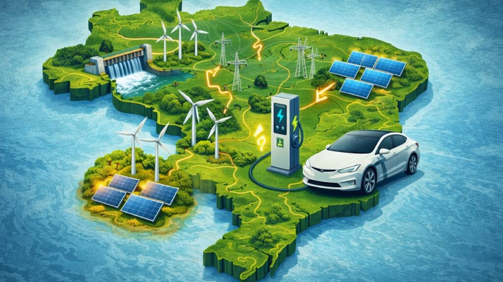 Mapa do Brasil destacando hidrelétricas, parques eólicos e usinas solares, associados à recarga de carros elétricos.”