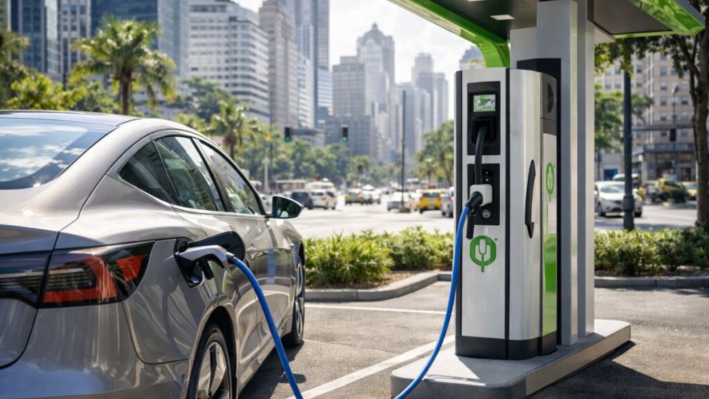 carro eletrico carregando durante o dia