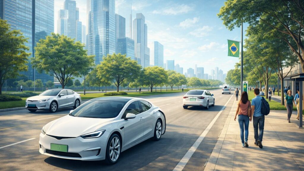 carros elétricos em circulação, ar limpo visível, pessoas caminhando e ambiente silencioso