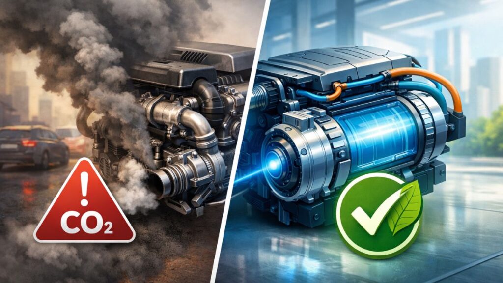 comparativa entre motor a combustão e motor elétrico, destacando ausência de emissões diretas.”