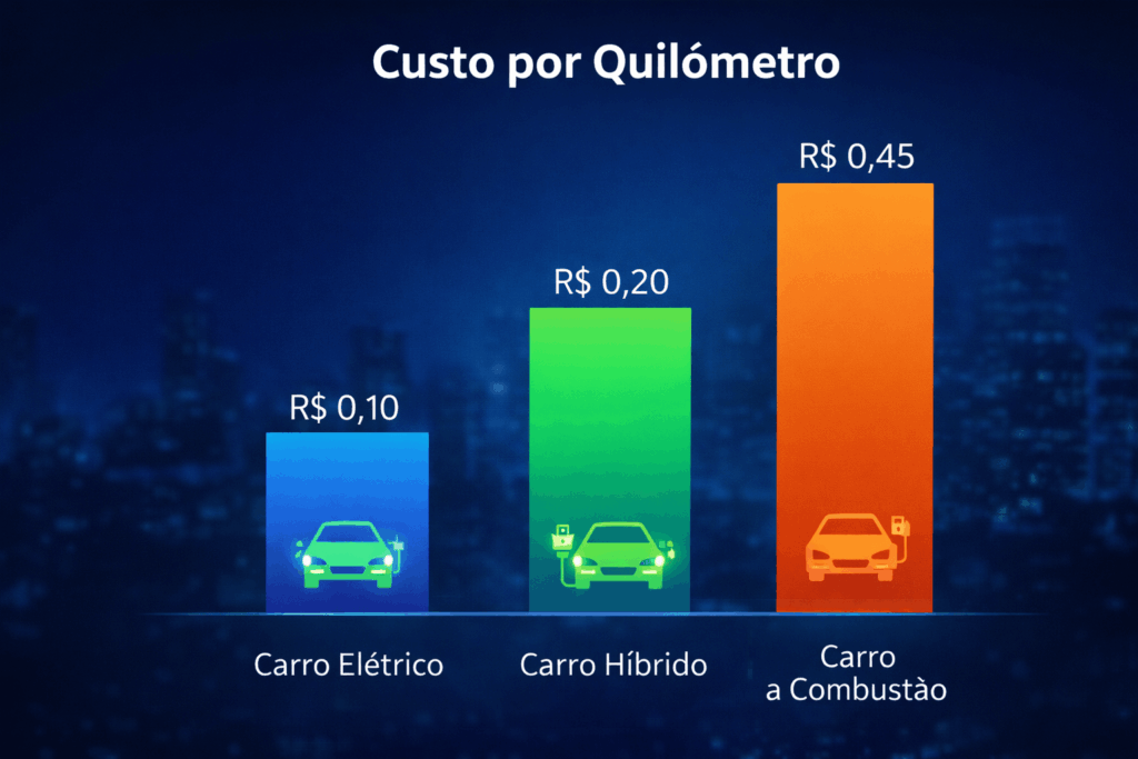 custo por KM  de carros elétricos, híbridos, e a combustão